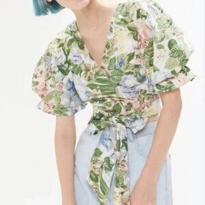 Urban outfitters Green Yellow Floral Puff Sleeve Crop Wrap Top Medium
